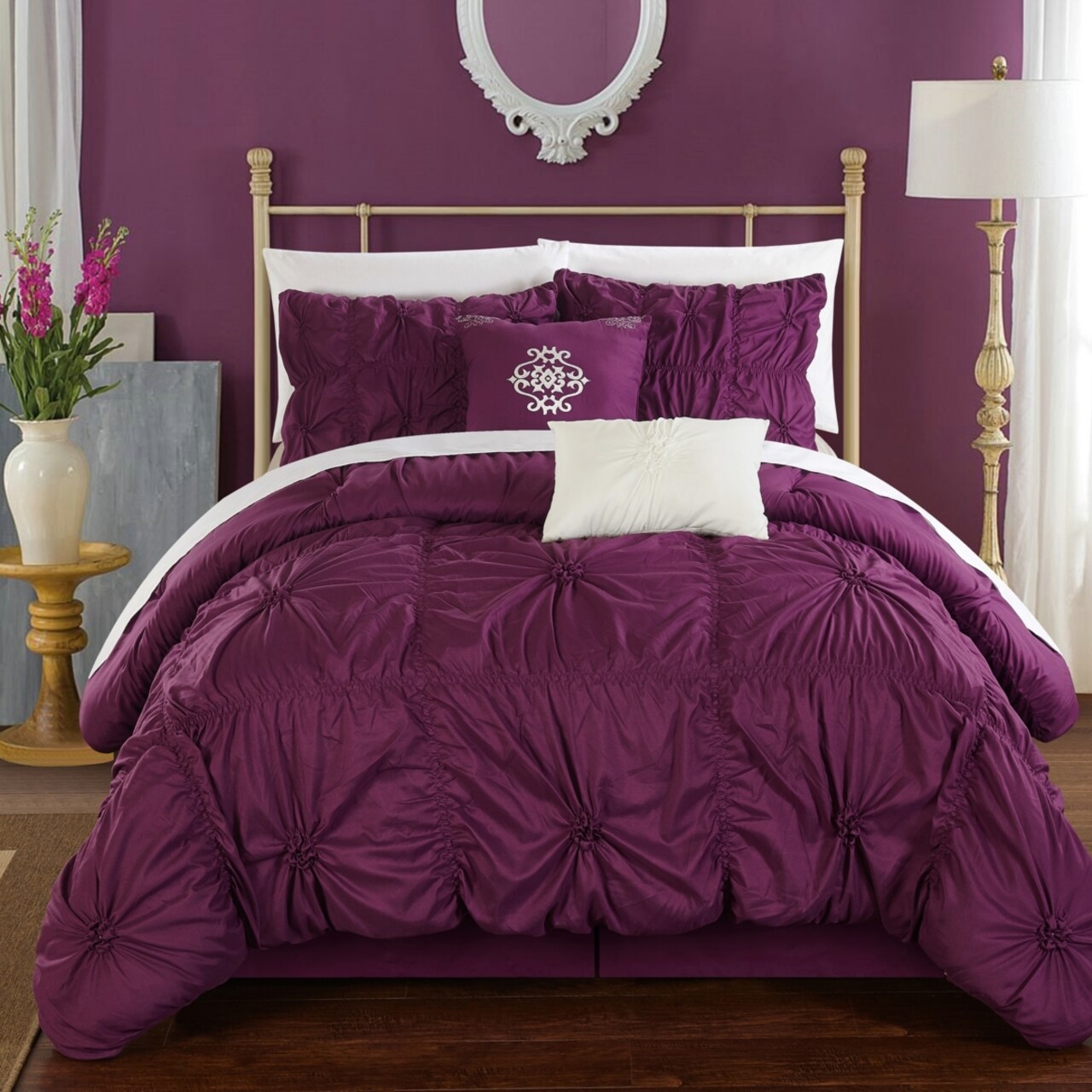 Chic Home Hilton 10 Piece Comforter Set Floral Pinch Pleated Ruffled Designer Embellished Bed in a Bag Bedding